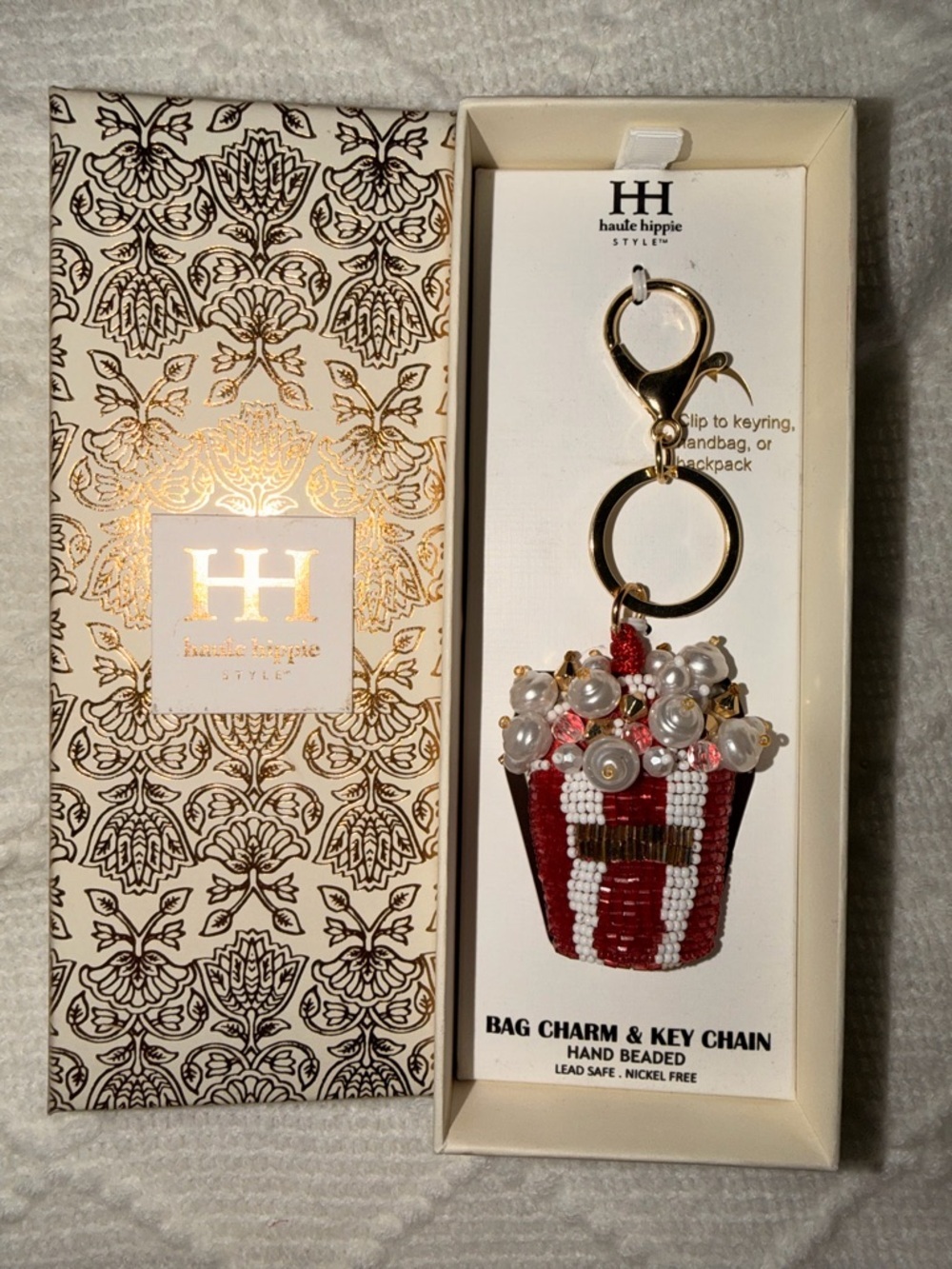 TikTok Famous Haute Hippie Beaded Popcorn Bucket Bag Charm Keychain NWT